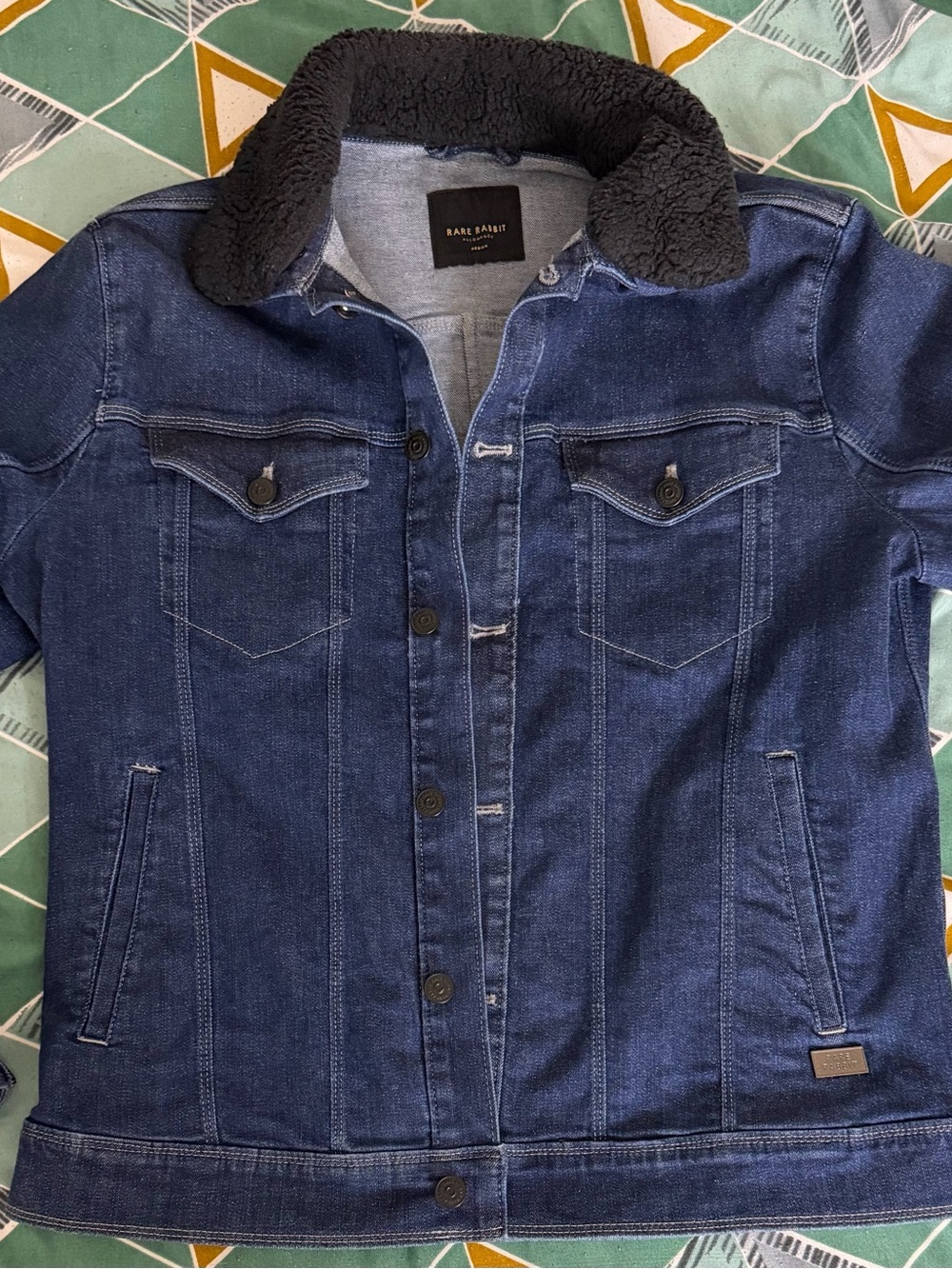 RareRabbit Men's Dark Blue Denim Jacket with Sherpa Collar